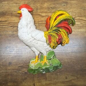 Vintage Homco Rooster Wall Hanging Farmhouse Decor White Red Yellow Plastic 12in